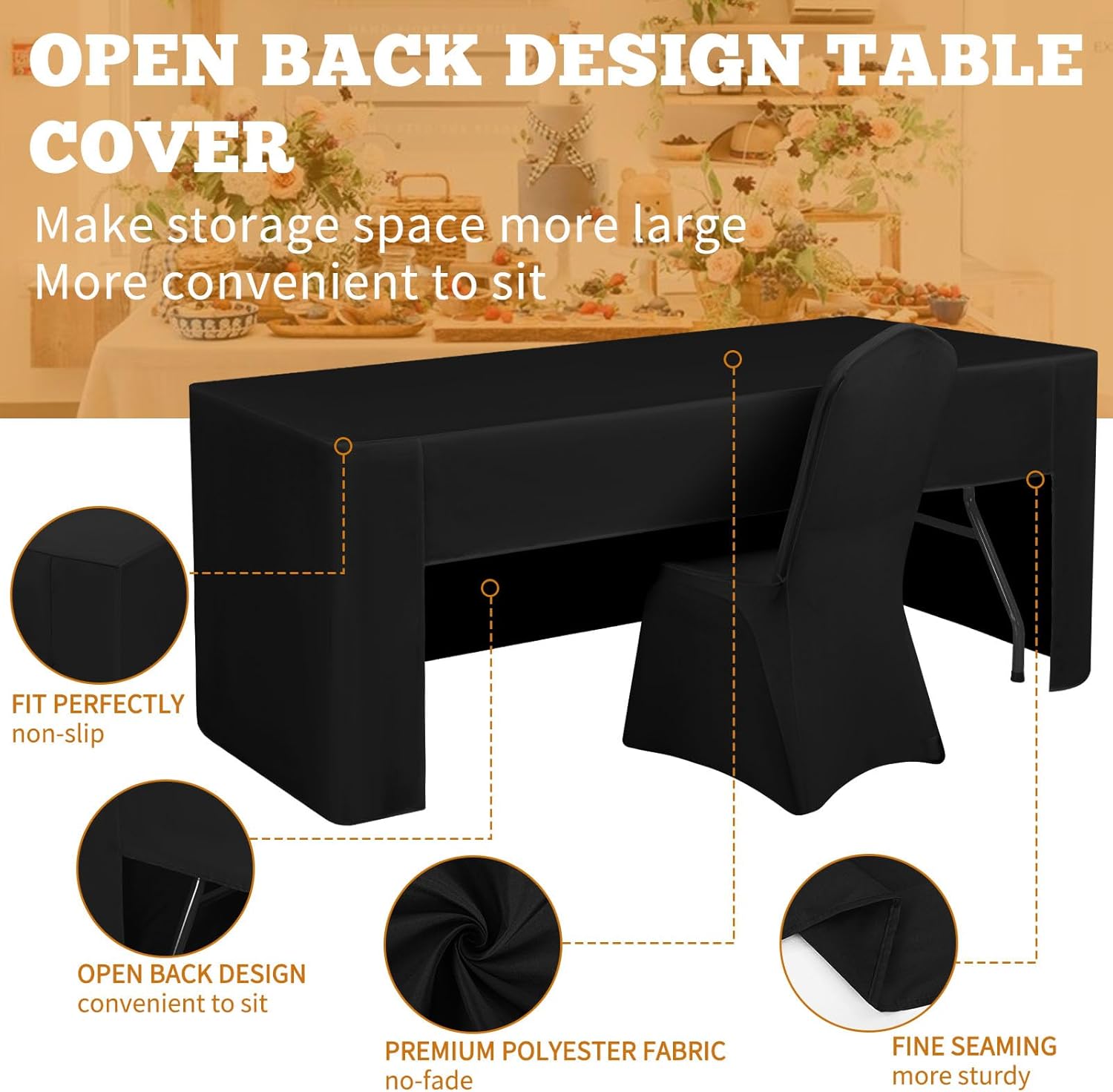 4 Pack Black Tablecloths 8 Ft Open Back Fitted Tablecloth,96 x 30 Inch Washable Polyester Fitted Table Cover for 8 Ft Rectangle Tables,Trade Show Table Cover for Parties/Wedding/Events(Black-8Ft)