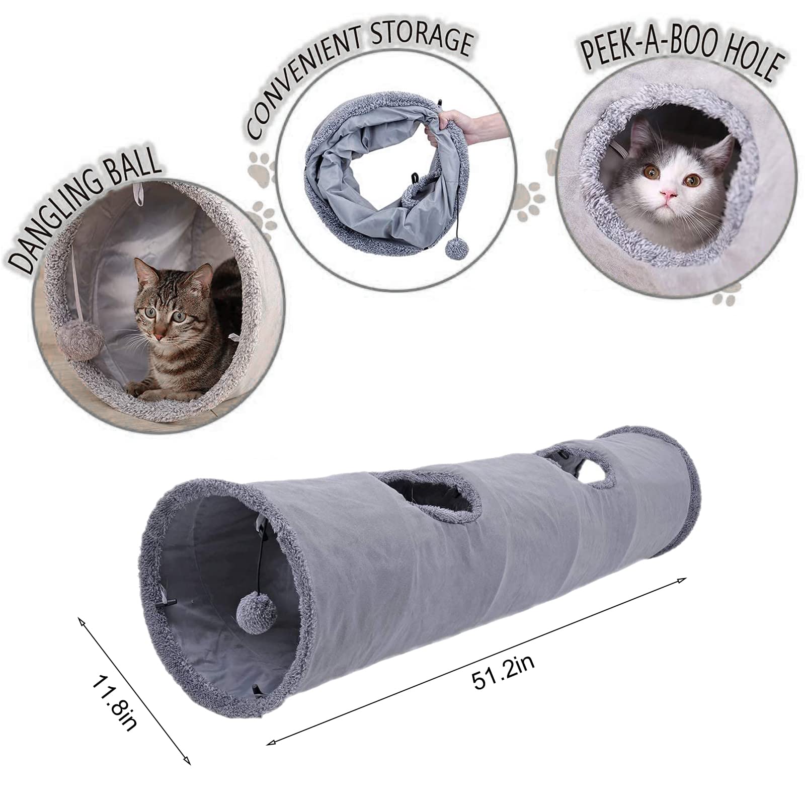 Túnel de Juguete para Gatos, Juguete Plegable Túnel de Gato, Túnel para Mascotas, con 2 Agujeros y Bola Suspendida (Dia30 * 1307 cm)