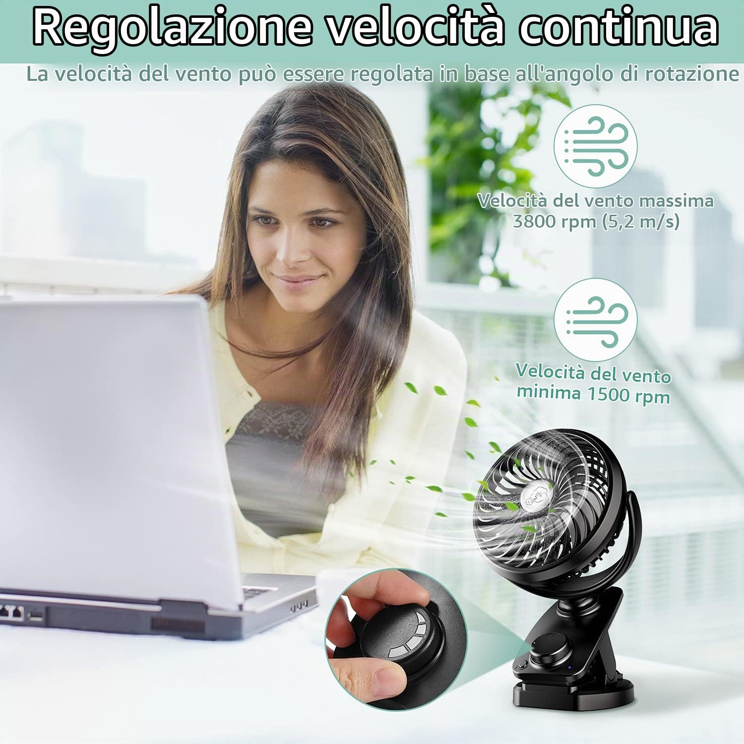 Oscillante Ventilatore Clip con Batteria da 5000mAh, Velocità Regolabile | Ventilatore da Tavolo Silenzioso, Ventilatori Portatili Ricaricabili USB per Ufficio e Campeggio, Ventilatore Pinza-Ø14.5cm