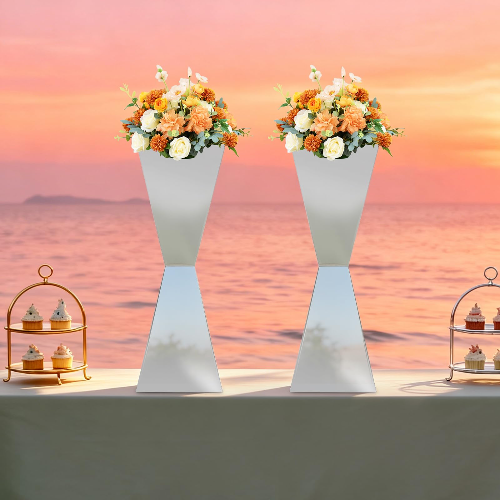 2 soportes para flores de acero inoxidable, soporte para postres, decoración de mesa (plata) | Estantería para flores, mesa de flores, superficie pulida, para bodas y eventos, 28 x 28 x 80 cm