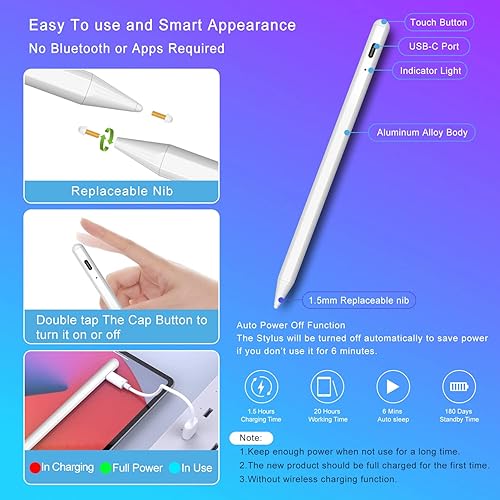 Miniatura 6 de Lápiz óptico para Apple iPad lápiz, iPad Pen Stylus con rechazo de palma compatible con Apple iPad 2018-2024 10 9 8 7 6 iPad Pro de 11 pulgadas,