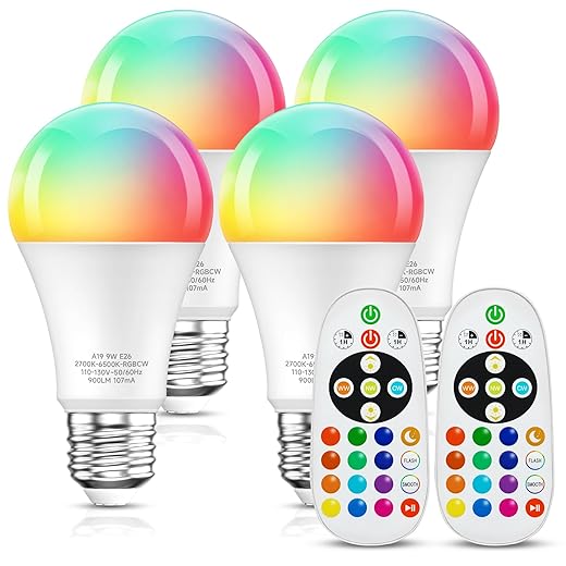 Eastiya Color Changing Light Bulb, 100W Equivalent, 900LM, RGBW+Warm+Cool White with Remote Control, E26 Base, Dimmable, 9W A19 LED Light Bulb, Multi-Color Can Light Bulbs for Ceiling, 4 Pack