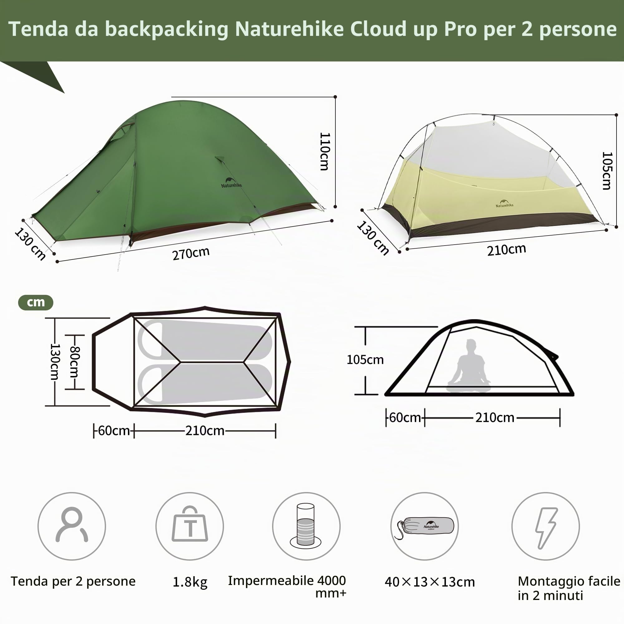 Naturehike Cloud Up Pro - Tenda da campeggio leggera per 2 persone, facile da montare, antivento e impermeabile, per attività all'aperto, viaggi, trekking (verde oliva/senza fluoro)
