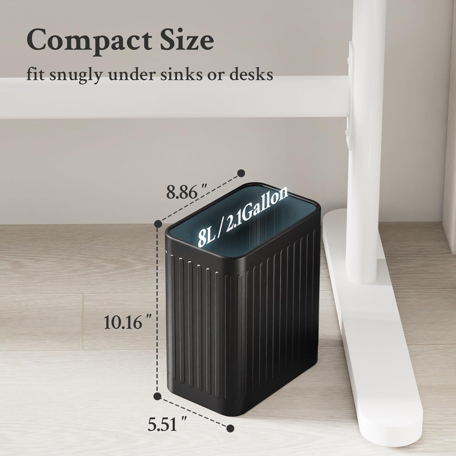 TrashAid Small Bathroom Trash Can, 2.1 Gallon Black Bathroom Garbage Can, Stainless Steel Waste Basket for Office, Under Desk, Bedroom, Rv, Matte Black