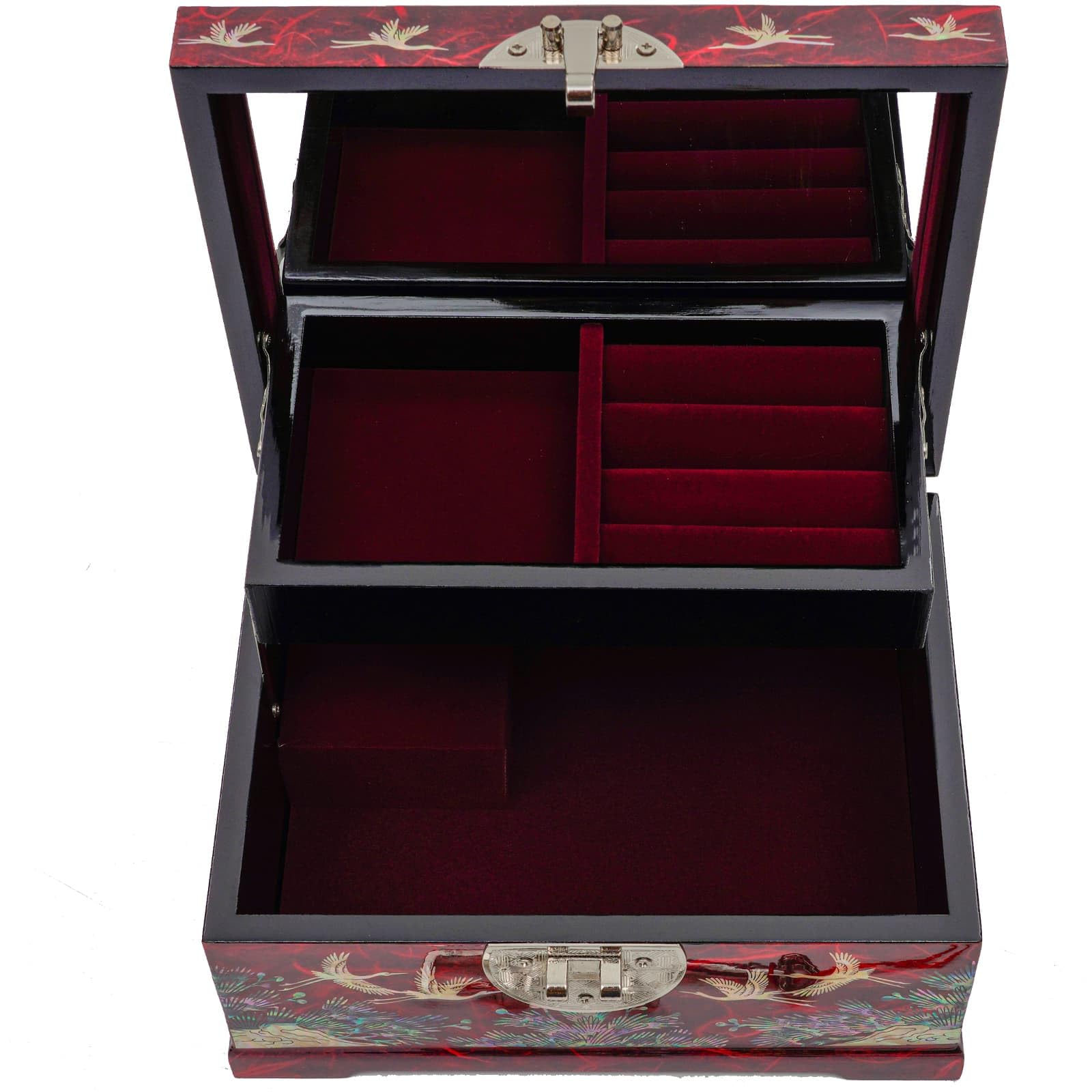 February Mountain Boîte à bijoux à musique en nacre coréenne – Grue et motif floral fabriquée à la main, joue Arirang – Cadeaux uniques pour maman, sœur, épouse et grand-mère (rouge)