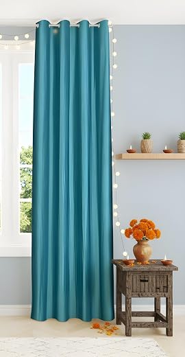The Decor Hub Aqua Polyester Door Curtain 7 Feet | Darkening Faux Texture Plain Drape with Eyelets | Pack of 1 Panel for L...