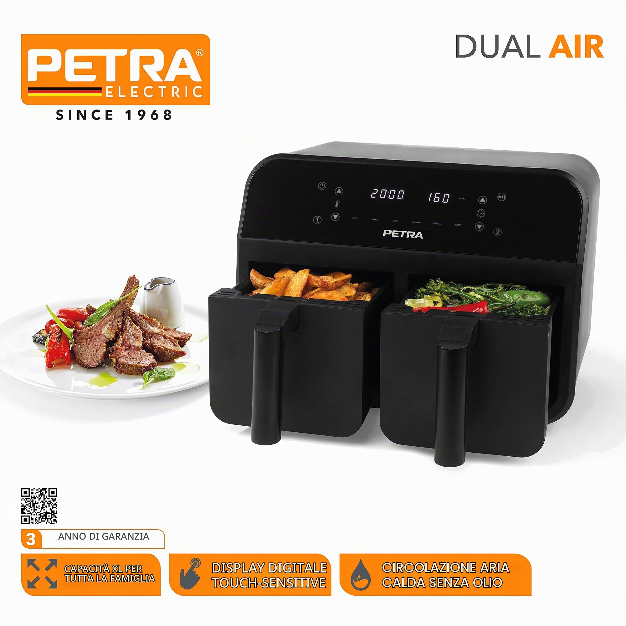 Petra PT4750BLKVDE - Friggitrice ad aria da 7,4 l, doppio cestello rimovibile, funzioni di cottura Sync e Match, 2 vassoi XL per cottura indipendente, display LED digitale, 6 programmi, 2400 W.