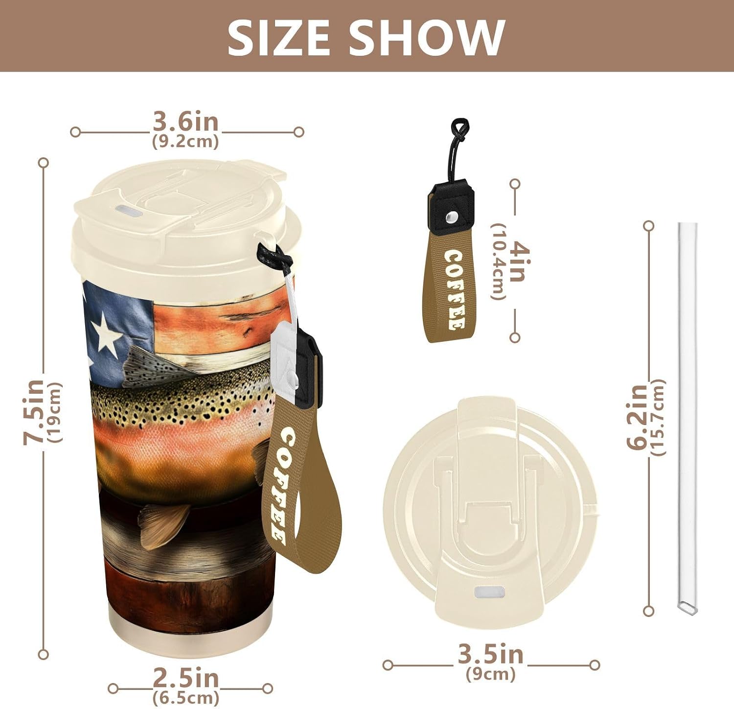 Retro Trout America Flag Insulated Coffee Mug with Straw & Flip Lid, 16.9oz Iced Tumbler Cup, Double Wall Vacuum Mug for Travel Office