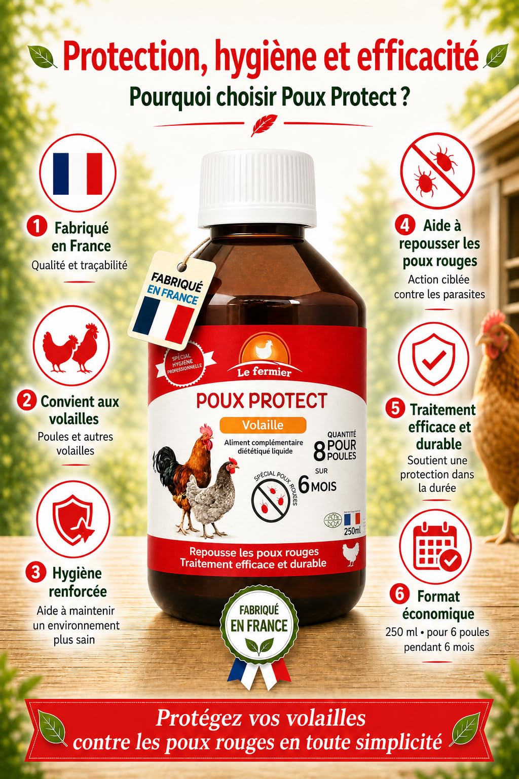 Poux Protect 250 ML – Anti Poux Rouges Poules Naturel – Complément Liquide Volailles – Éloigne Parasites Internes – sans Danger Œufs & Consommation – Poules, Canards, Oies