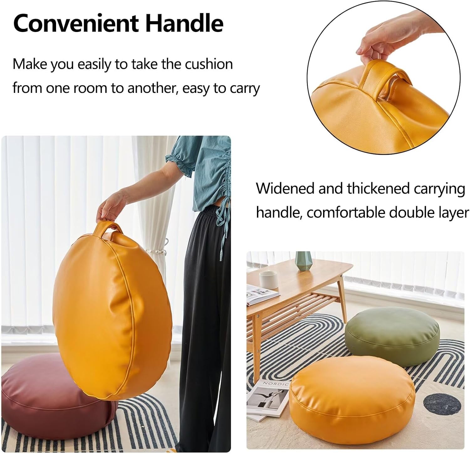 Story Time Cushions with Handles, Round Seat Cushions for Classroom, Waterproof and Dust-Resistant PU Floor Pillow For Reading Nook Classroom, 6in/18cm Thick Floor Cushion Multi-Sizes, Yellow A