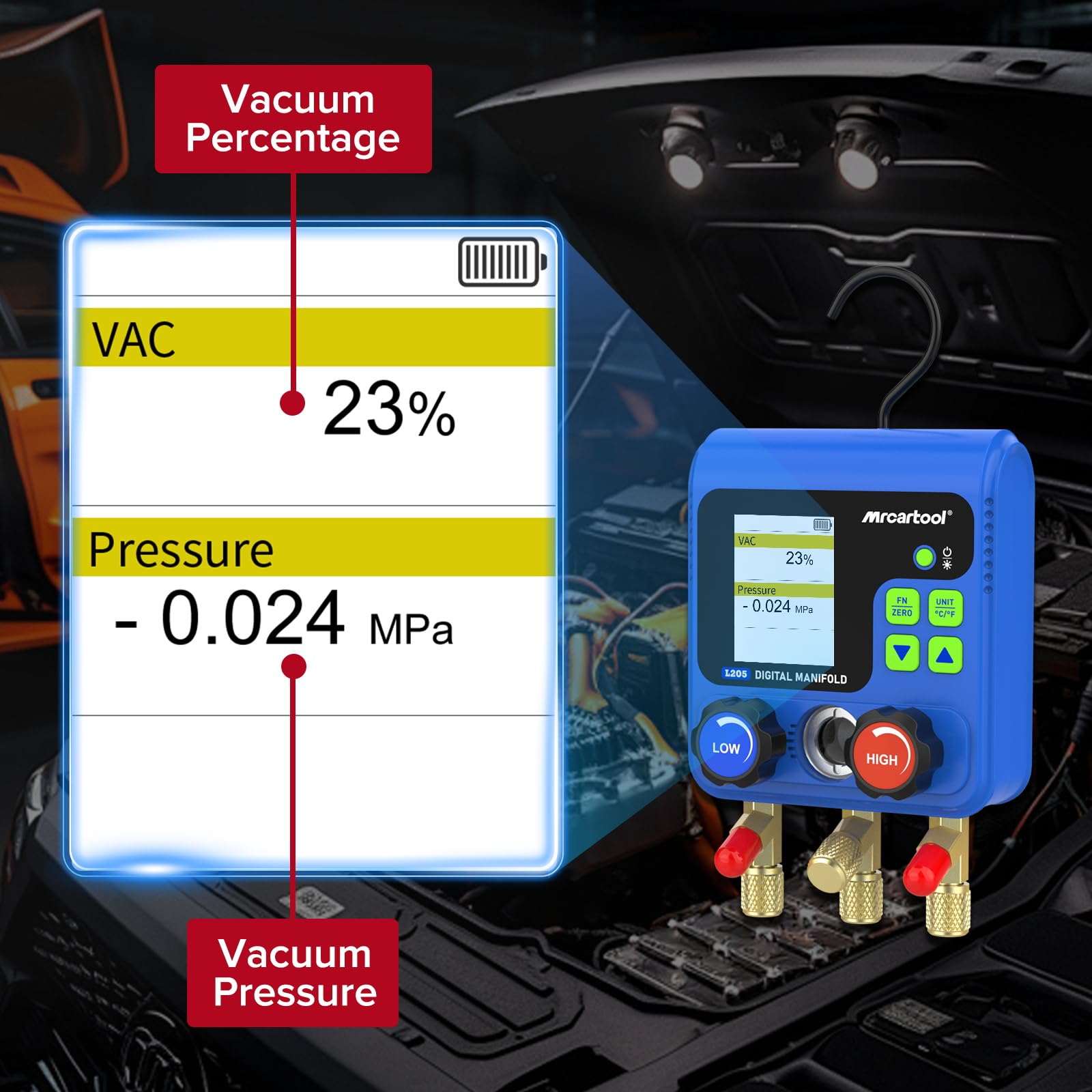 L205 Digitales Kältemittelmessgerät Vakuumpumpe Klimaanlage 92 Kältemittel Daten Manifold Gauge Set Druck-Temperatur-Lecktester für HVAC Kältetechnik R134A R32 R410