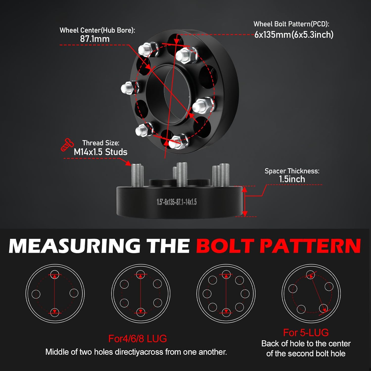 6x5.3 Wheel Spacers,Wheel Adapters 6x135mm 1.5 inch, 87.1mm Hub Bore, M14x1.5 Studs, Aluminum CNC 4pcs Car Wheel Accessories Parts Fit for F150 Navigator Lobo for Expedition 2015-2025