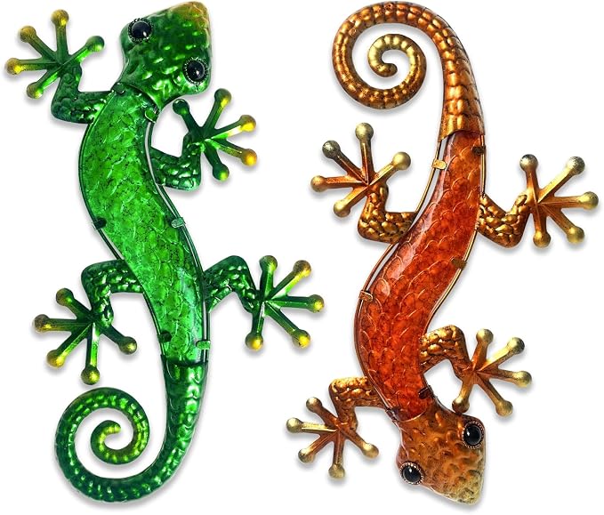 2 Pack 15 Inch Lizard Outdoor Decor Hanging Glass Sculpture Decoration for Garden Fence Home