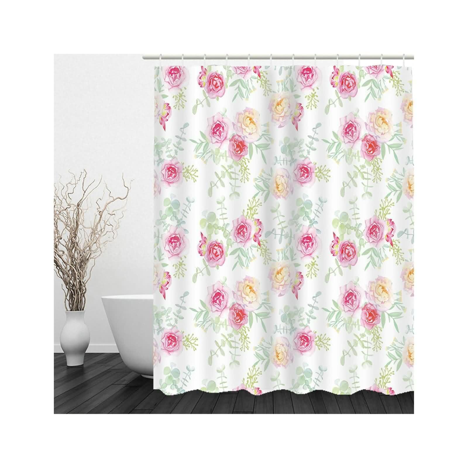 Rideau de douche polyester rose motif floral anti-moisissure imperméable lavable