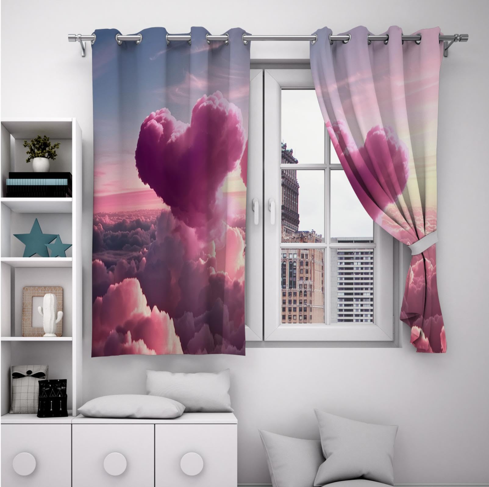 HOBBOY Romantic Love Curtains Fluffy Clouds Window Drapes Pink Heart Shaped Clouds Pattern Blackout Curtains for Bedroom Living Room 2 Panels 2X W38xL63in