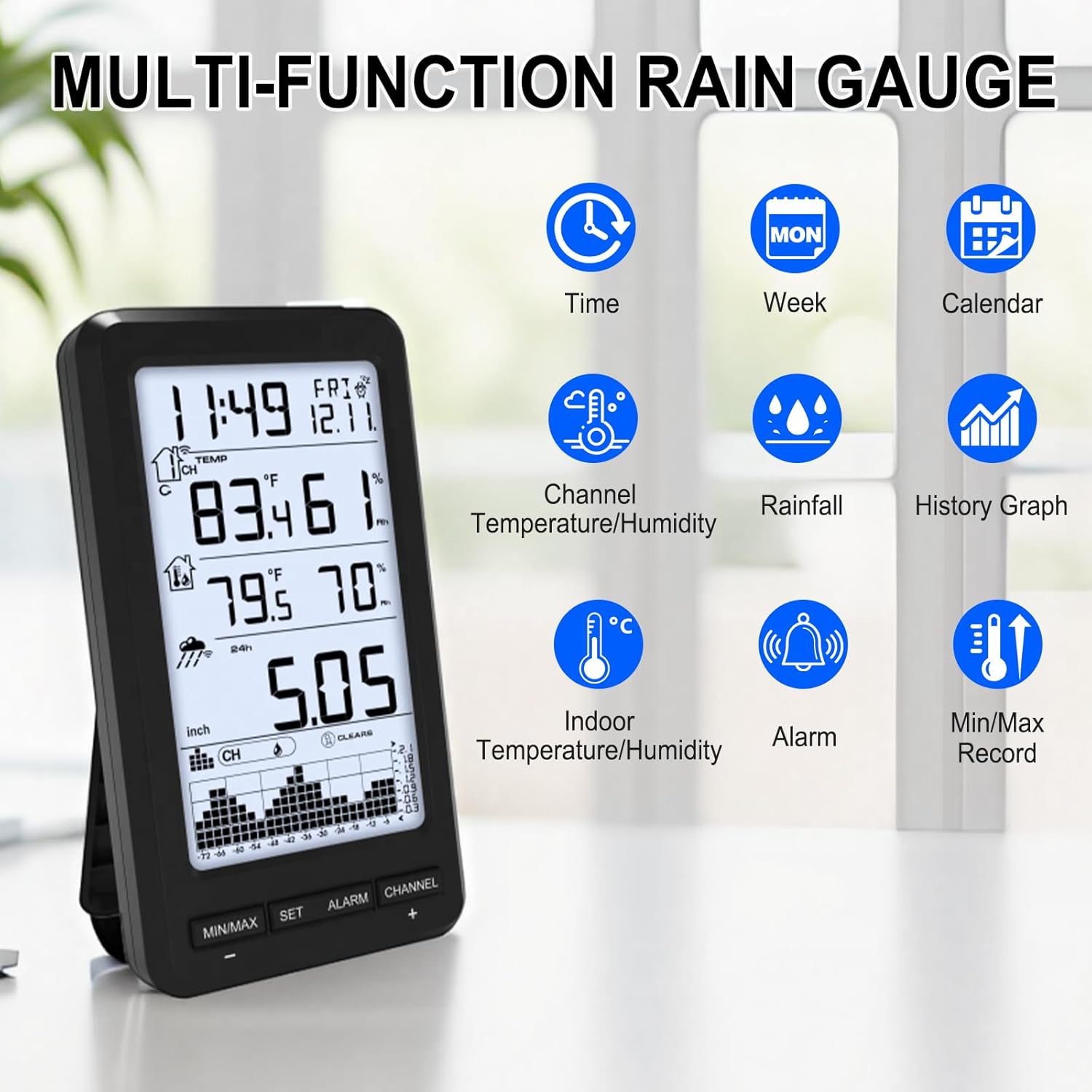 Urageuxy Wireless Rain Gauge Outdoor, Digital Rain Gauge with Self-Emptying Rain Collector, Monitoring Rainfall, Indoor/Outdoor Temperature, Min/Max Records, Alerts for Yard, Garden, Farm