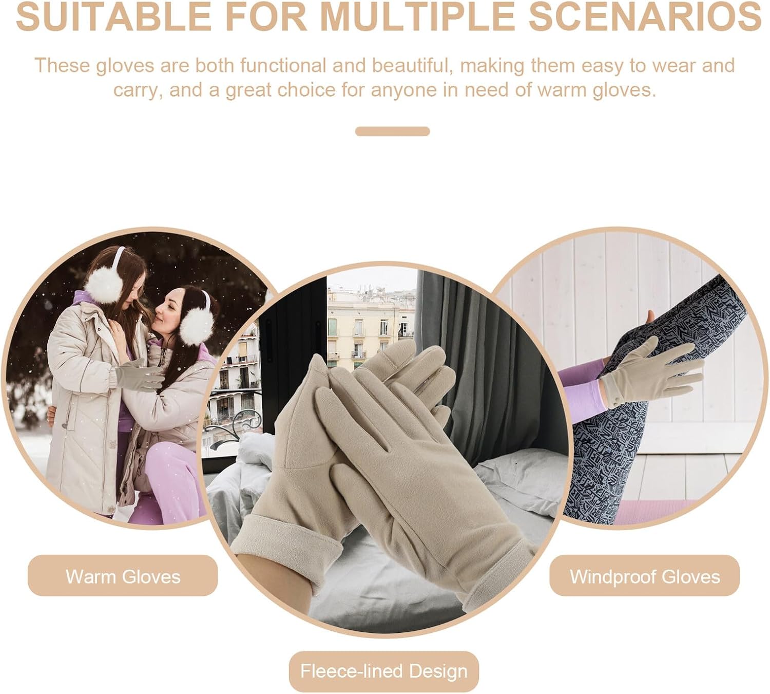Touchscreen Winter Gloves for Women, Thick Fleece-lined Fabric Mittens, Windproof Warm Gloves for Outdoor Hiking and Cold Weather, Khaki
