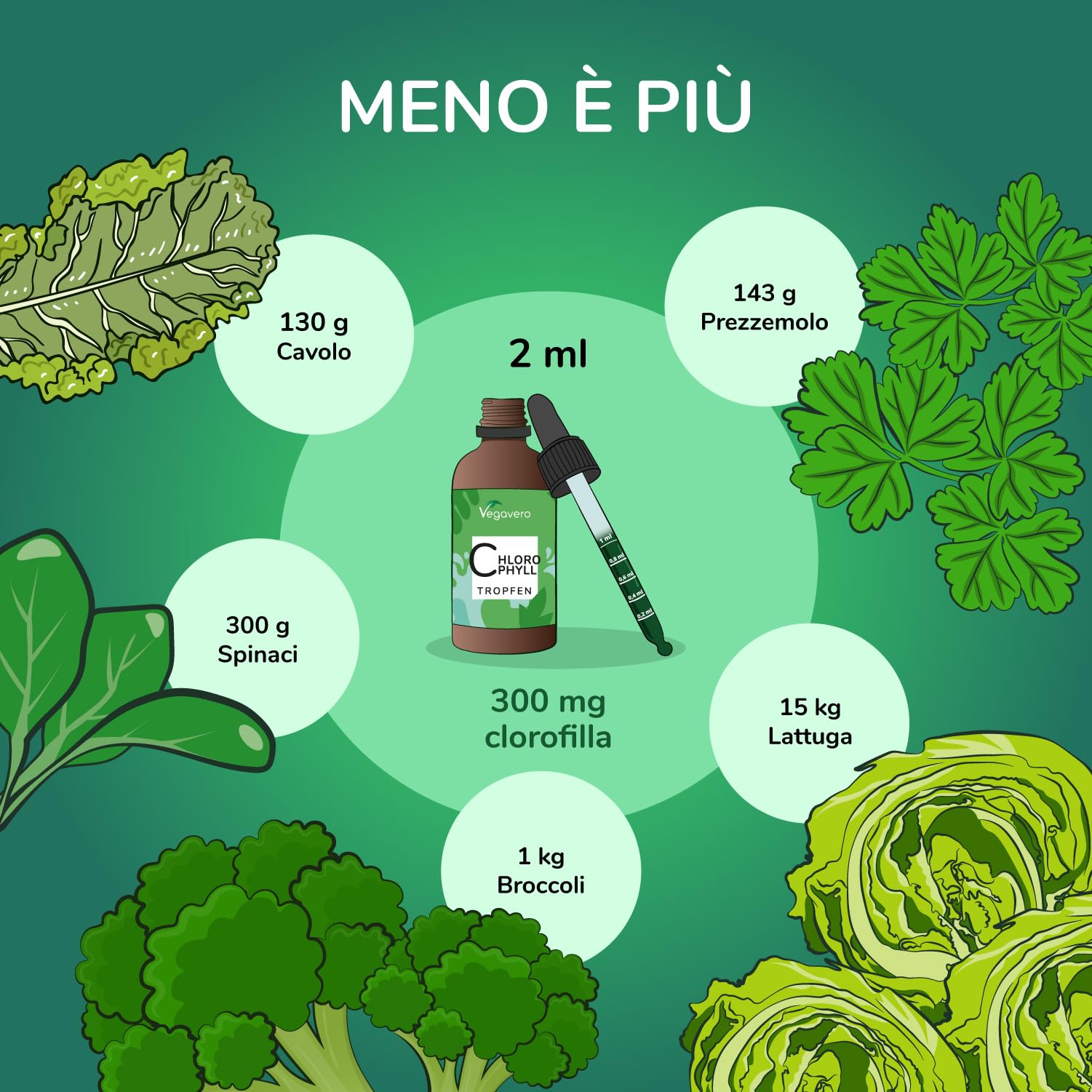 Clorofilla Liquida Vegavero® | 300 mg per dose | Erba Medica in Gocce | Senza Alcool e Aromi | Clorofillina Naturale da Alfalfa | 60 ml | Vegan
