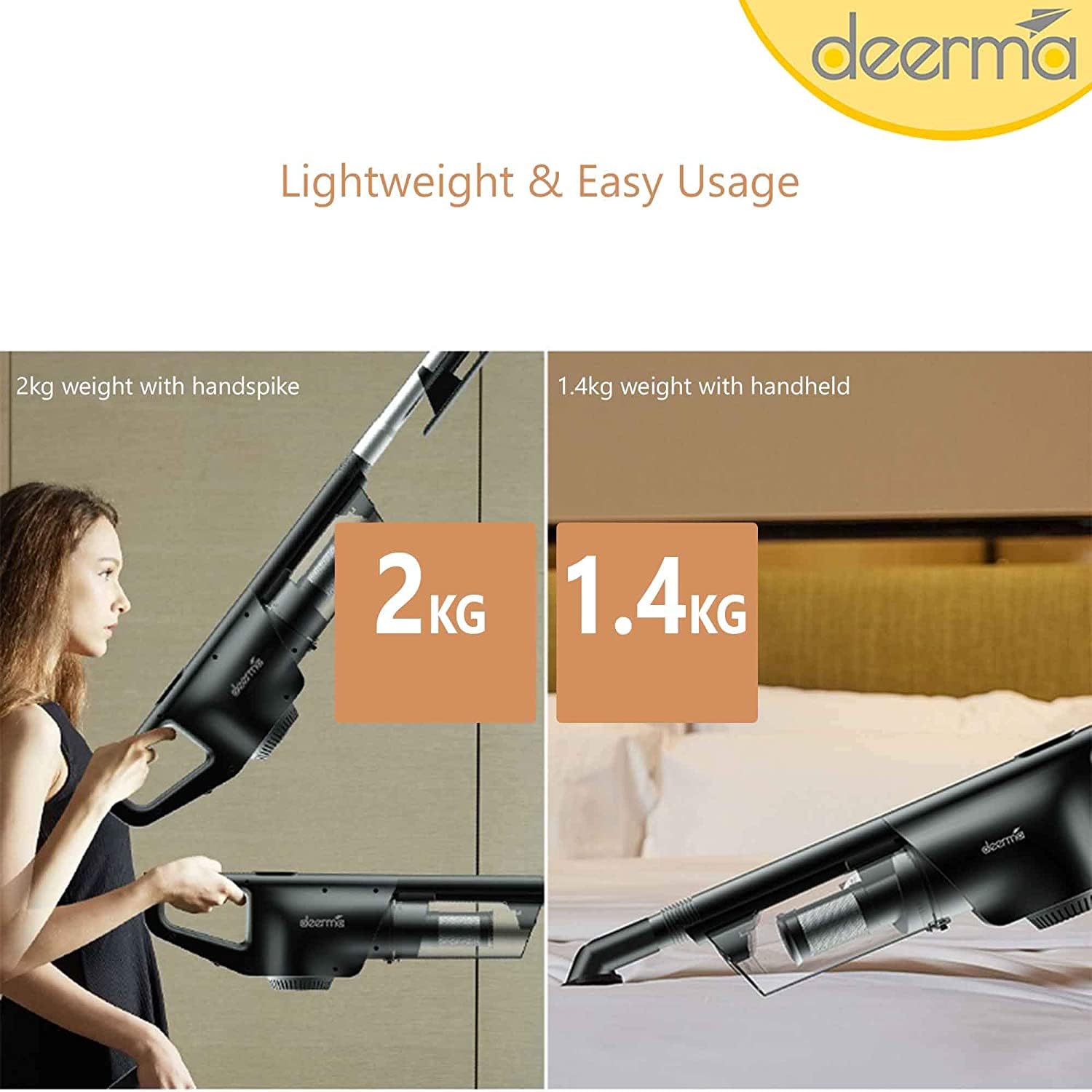 Comparison showing the Deerma DX600 weighing 2kg with handspike (upright) and 1.4kg in handheld mode.
