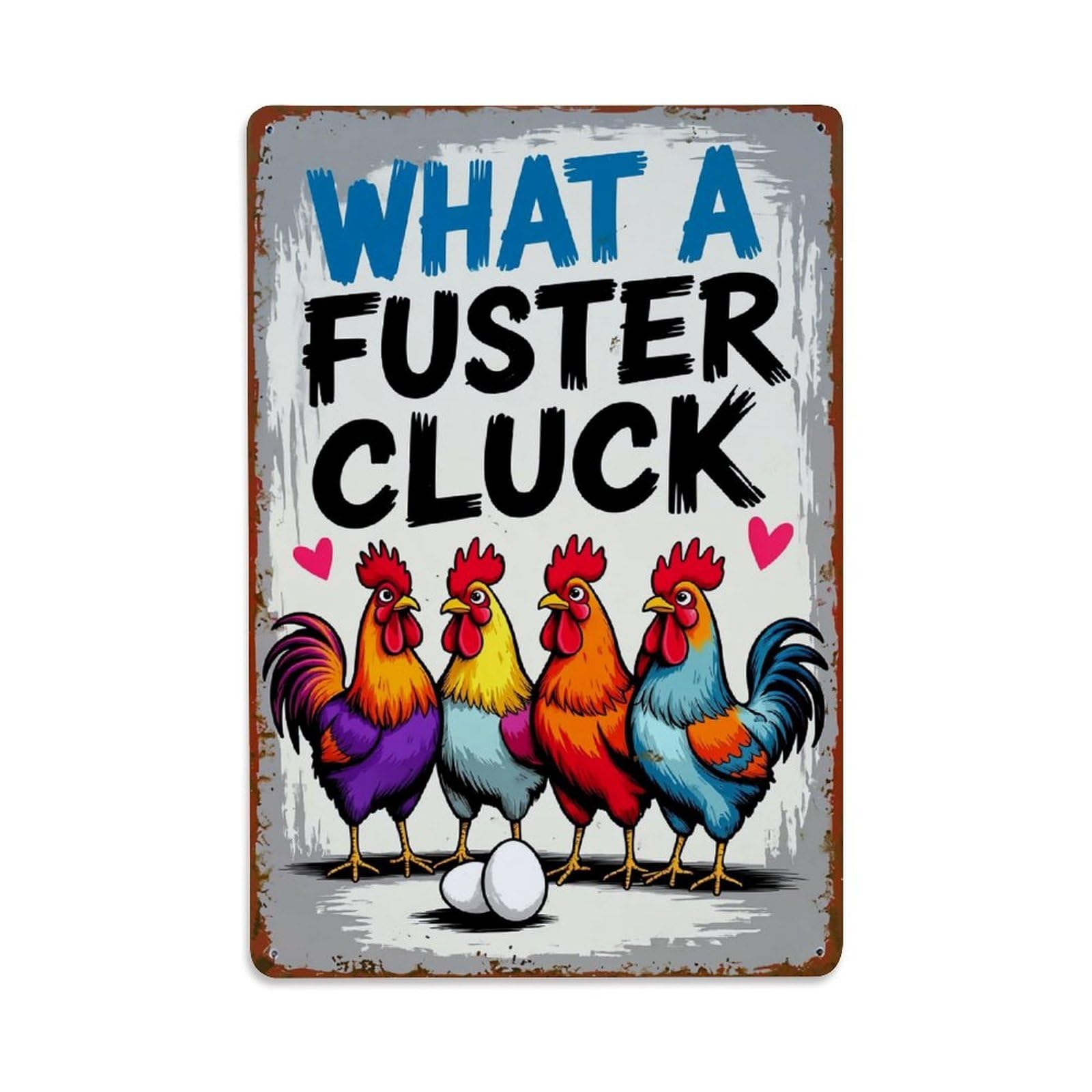 Colorful Roosters Eggs Hearts Text Retro Metal Tin Sign, Vintage Decor Art Poster for Bar, Home, Man Cave, Kitchen, Laundry Room Gift 8x12Inch