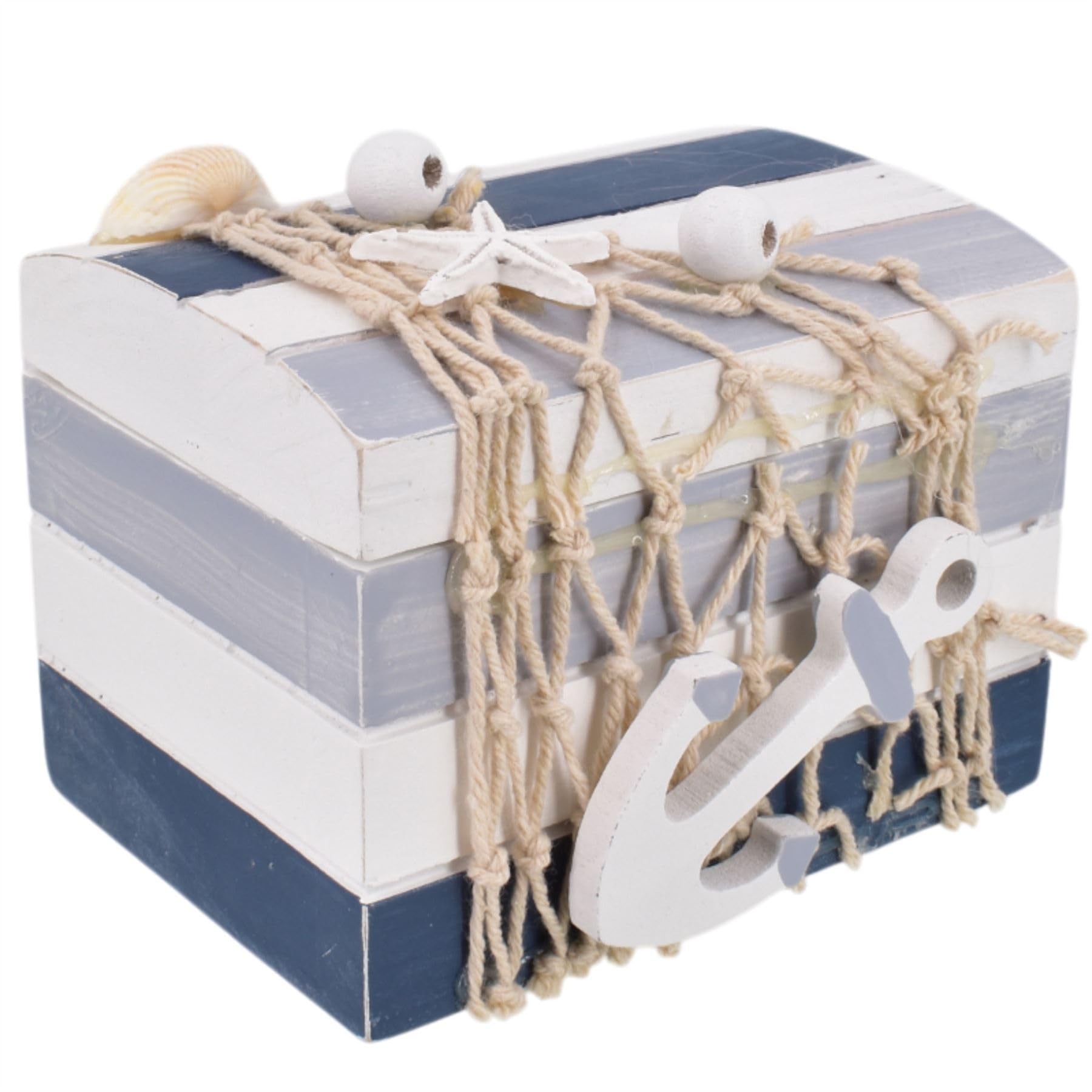Carousel Home Blue Nautical Trinket Box With Anchor | 9.5Cm Wooden Coastal Keepsake Jewellery Box With Netting, Starfish & Seashell Detail