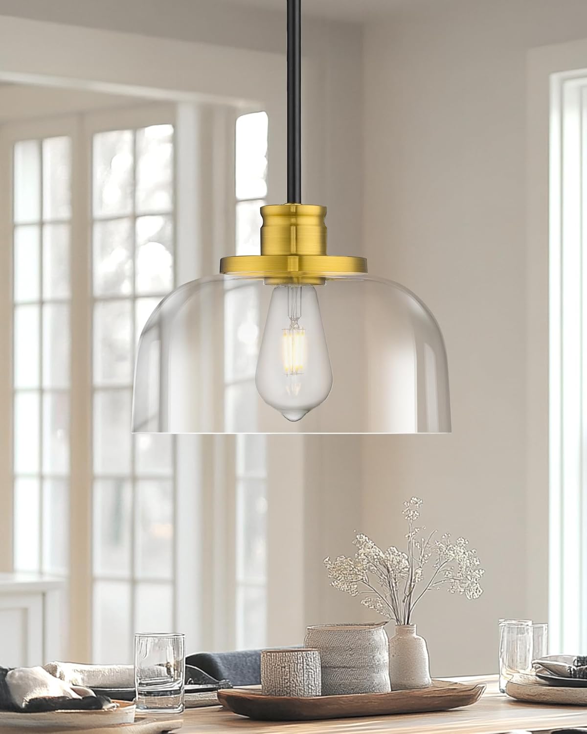 Emak Black and Gold Pendant Lights, 10 Inch Large Pendant Light Fixtures with Clear Glass Shade, Modern Farmhouse Island Lights for Kitchen, Dining Room, Bathroom, Bar, PL131-BKBGD-CG
