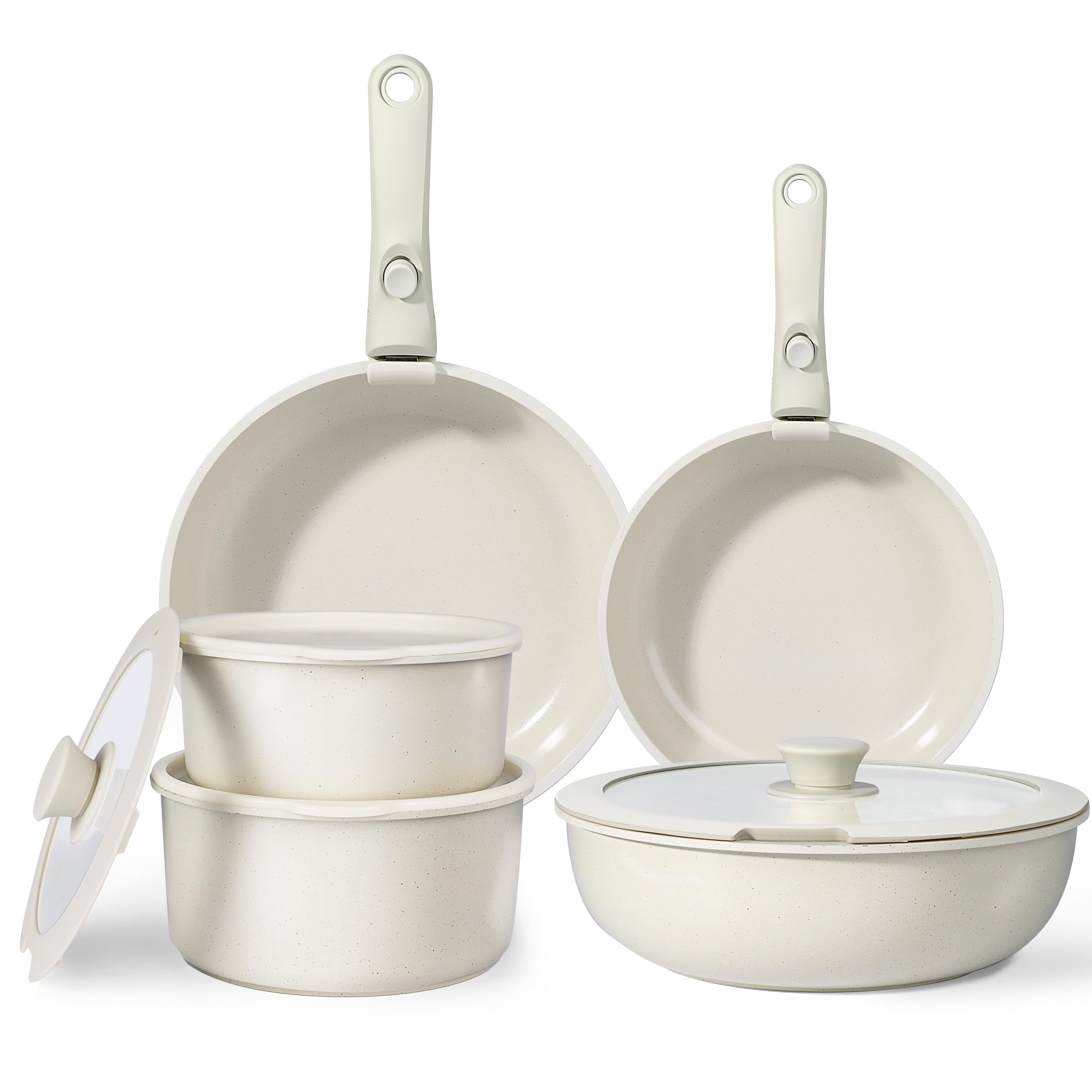 GiPP Set di Pentole e Padelle Ceramiche Antiaderenti 11 Pezzi con Manico Amovibile - Cucina Sana per Camper, Senza Tossine, Compatibile Induzione/Forno/Lavastoviglie (Bianco, 11Pezzi)