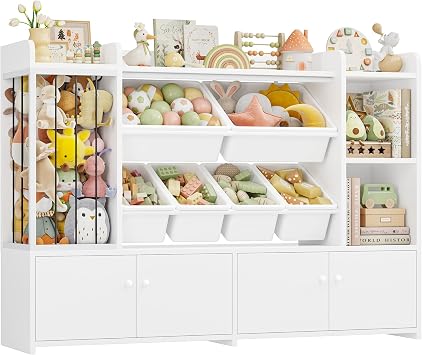 HIFIT 5-in-1 Kids Toy Storage Organizer Cabinet w/Bookshelf and Stuffed Animal Storage, 54"W Montessori Bookshelf w/6 Storage Bins, Space-Saving Toy & Book Shelf for Playroom, Kids Room, Nursery,White