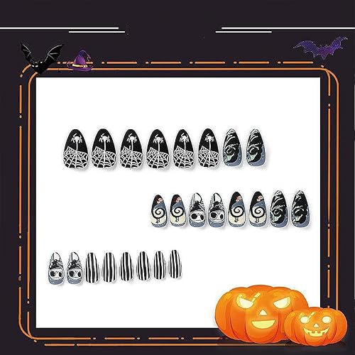Miniatura 4 de Uñas postizas medianas a presión en forma de almendra de Halloween, con diseño de luna y fantasma, verde fantasma, líneas blancas y negras, uñas con