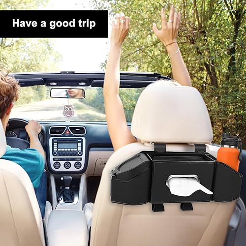 Miniatura 9 de Organizador de respaldo de asiento de automóvil 7 en 1 con portavasos, caja de pañuelos, cubo de basura y ganchos, organizador de almacenamiento