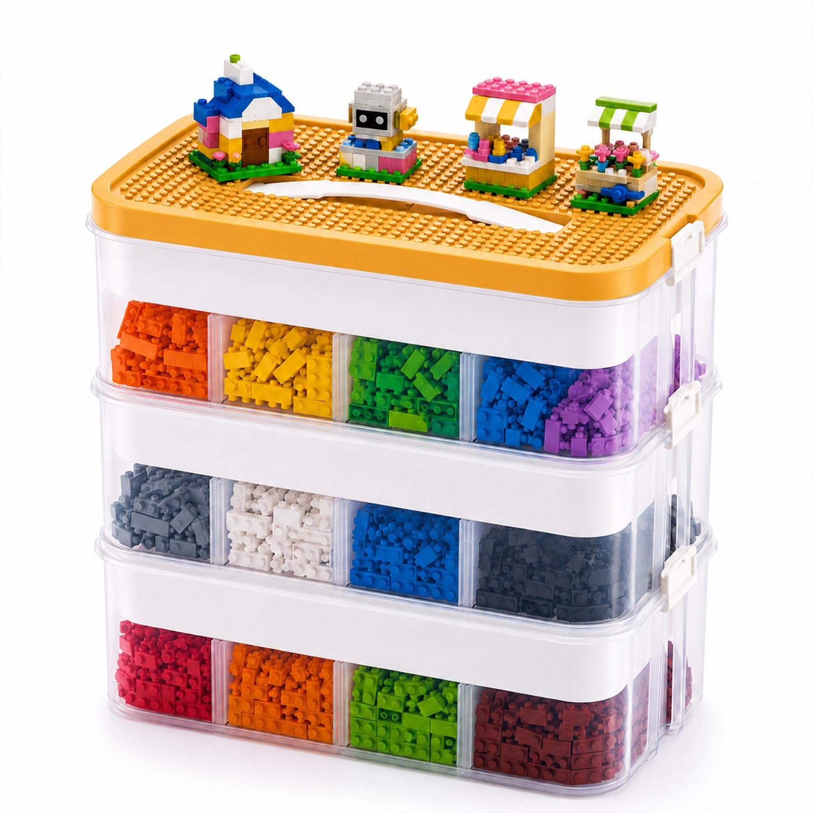 Scatola portaoggetti con coperchio per Lego, impilabile, trasparente, con scomparti regolabili, scatole portaoggetti per Lego, mattoncini, puzzle e accessori per il fai da te (3 ripiani
