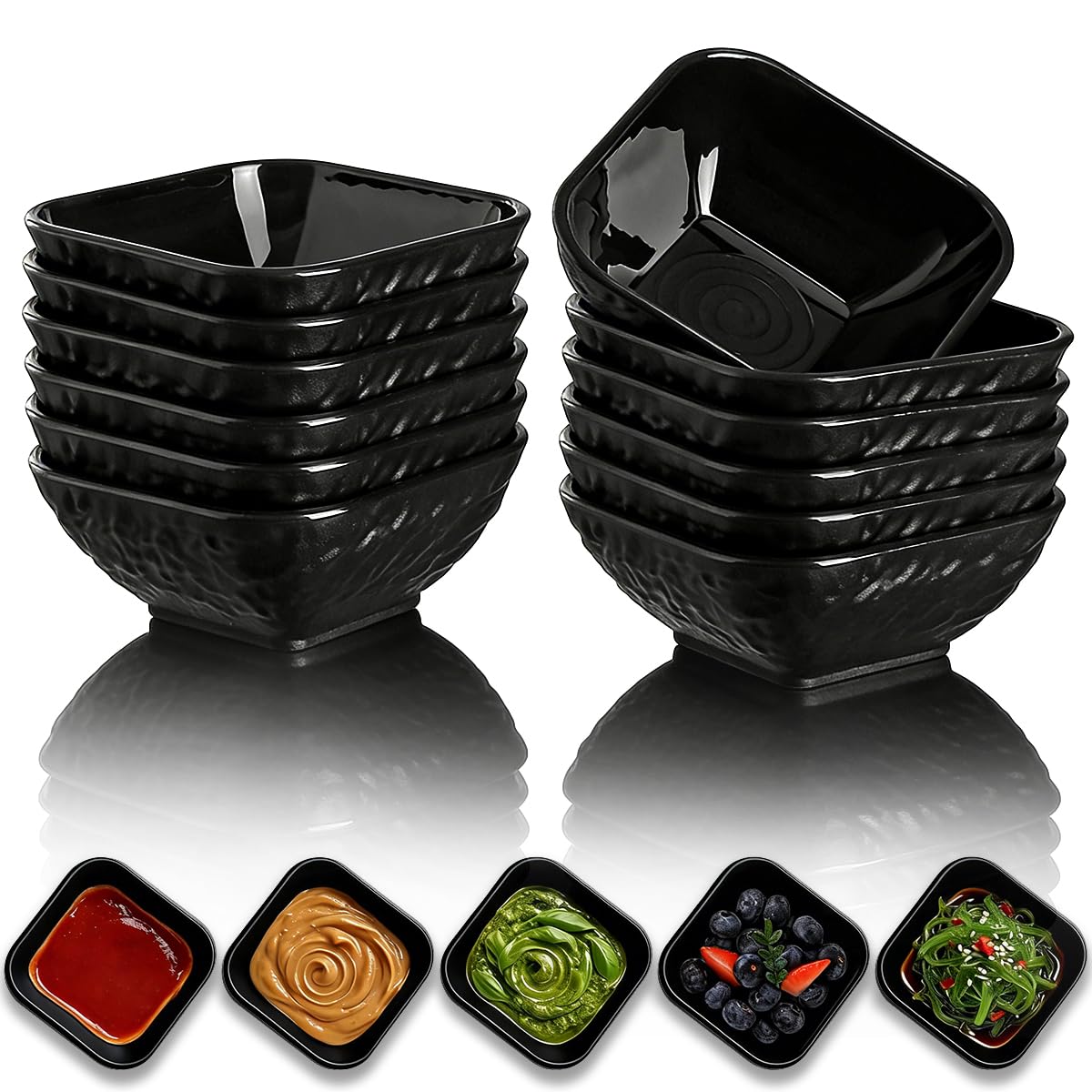 Berglander Dip Bowls Set 12pcs, 180ml Black Plastic Dipping Bowls, Matte Stone Texture Soy Sauce Plates, Mini Appetizer Bowls for Side Dishes, Condiment Server for Tomato Sauce, Ketchup, BBQ, Party