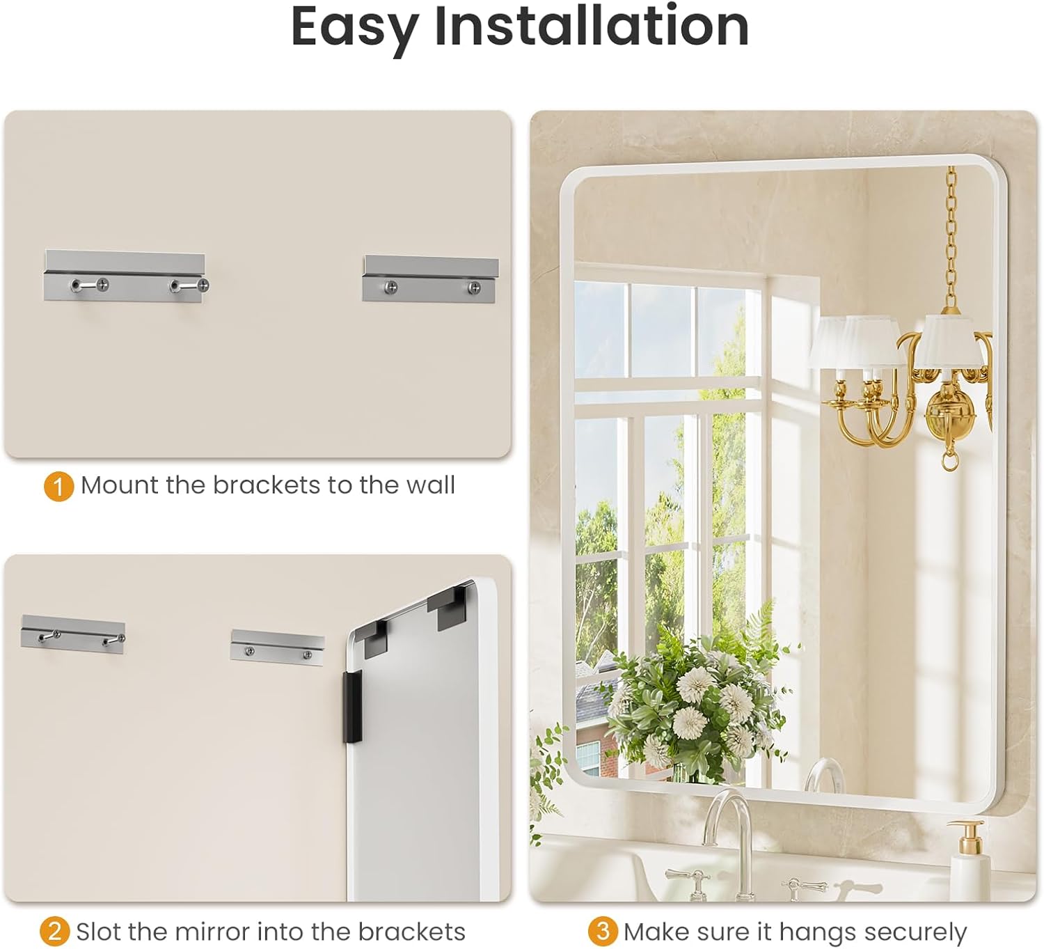 24x36 inch White Bathroom Mirror, White Metal Framed Rounded Rectangle Wall Mount Vanity Mirror, HD Tempered Glass, Aluminum Frame, Horizontal or Vertical Hanging, Modern Home Decor