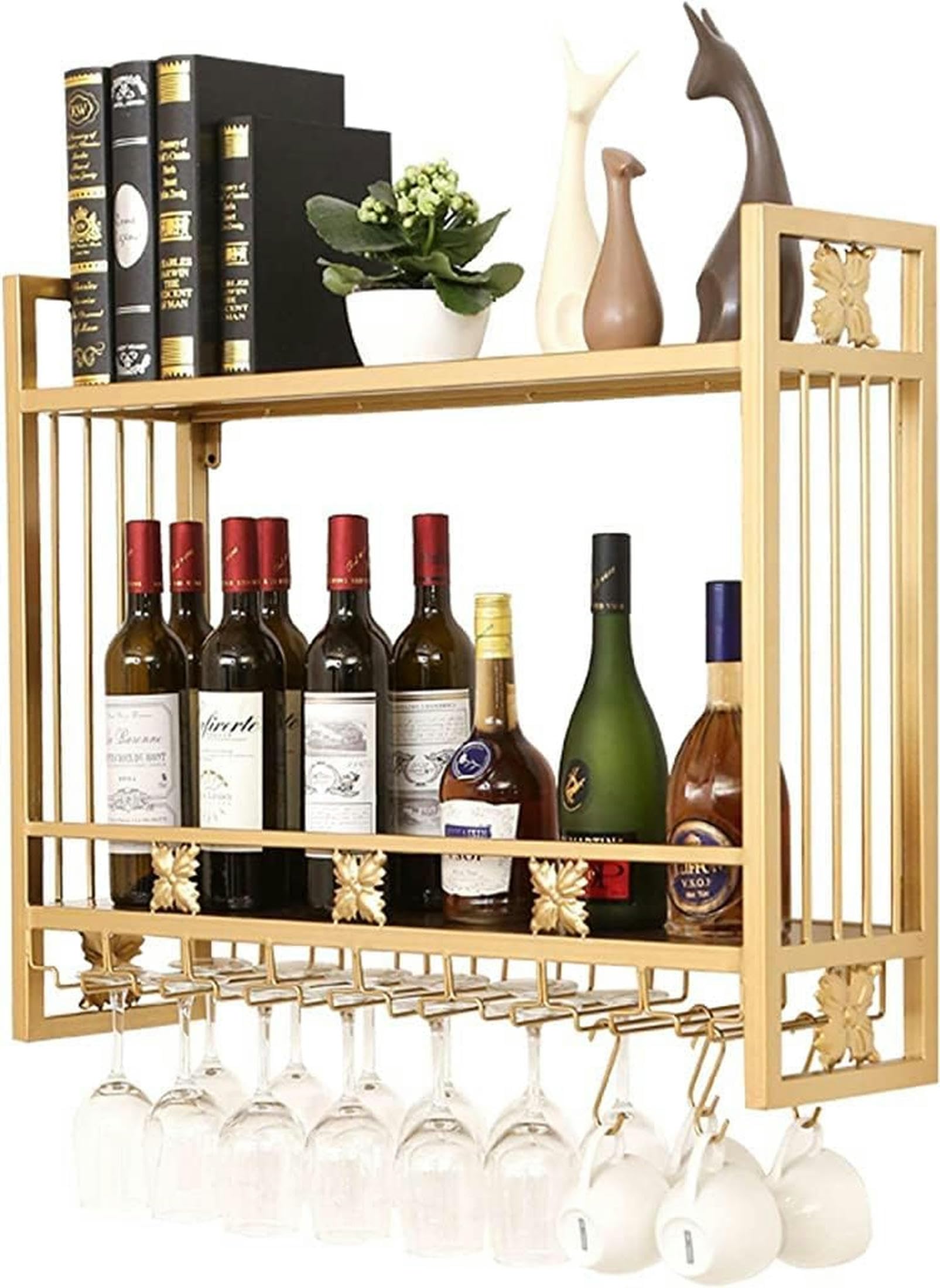 Casier à vin mural suspendu étagère flottante métal et porte-verre
