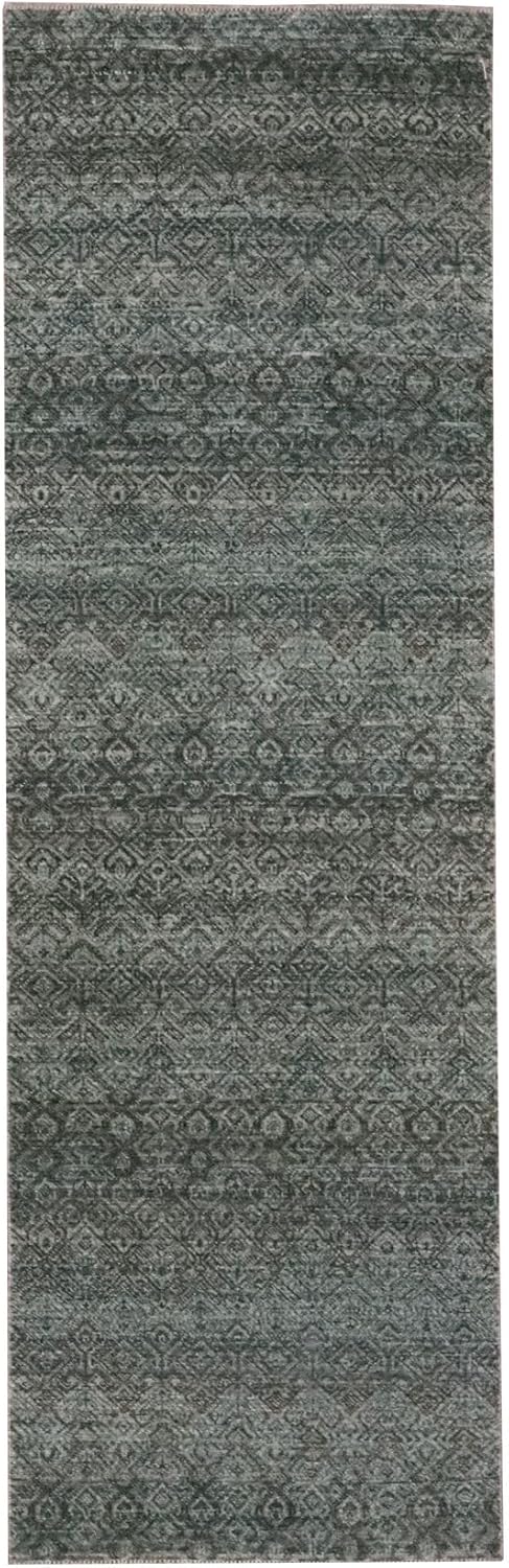 Hand Knotted Runner Rug, Stone Gray, Soft Wool, Geometric Diamond Herat Pattern, 2'6"x8'