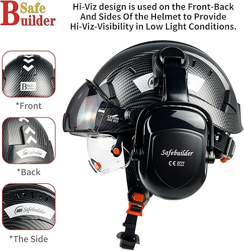 Miniatura 4 de SAFEBUILDER Casco de seguridad con gafas, orejeras de fibra de carbono, para construcción industrial, protección para la cabeza, aprobación ANSI