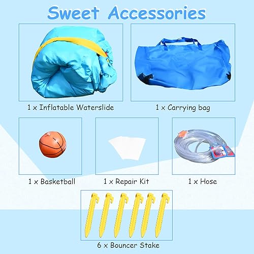 Miniatura 7 de HONEY JOY Tobogán acuático inflable, casa de rebote de agua y parque acuático con piscina y toboganes, pared de escalada, toboganes acuáticos