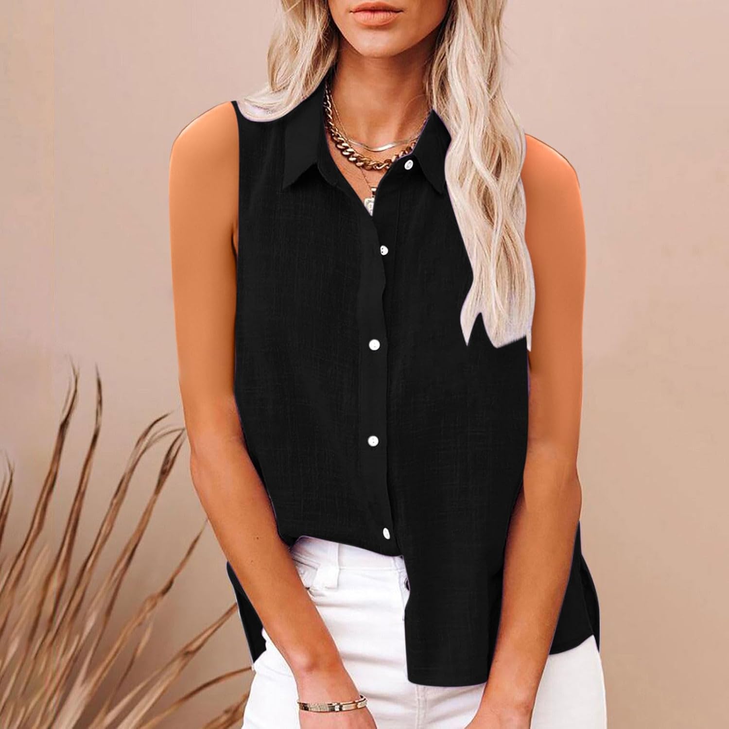 Womens Sleeveless Button Down Shirt Collared Cotton Linen Blouse Casual Work Office Shirts Basic Tank Top Summer Tunic