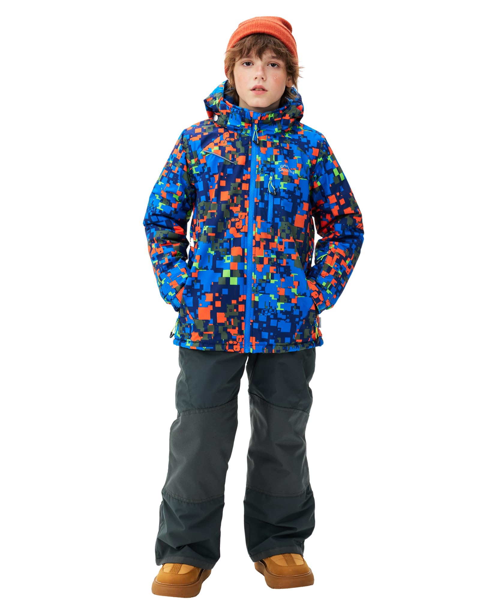 SMONTY Tuta da Neve per Ragazzi Giacca da Sci Invernali e Pantaloni Cinghie con Cappuccio Cappotto Set Impermeabile Antivento