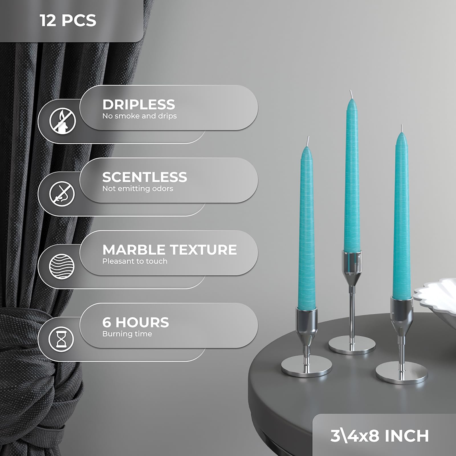 Candwax - Set di 12 candele coniche da 20,3 cm, candele da cena, senza goccia, alte candele a lunga durata, perfette per cene, feste o matrimoni, candele color turchese