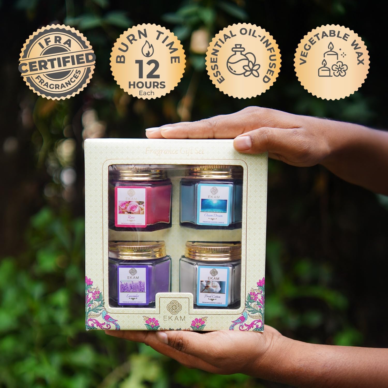 Combo Pack of 4 Hexa Jar Gift Set | Fresh Cotton, Ocean Dream, Lavender & Rose | 50g Each | 12 Hr Burn | Long Lasting Fragrance Candles for Diwali, Wedding & Home Décor