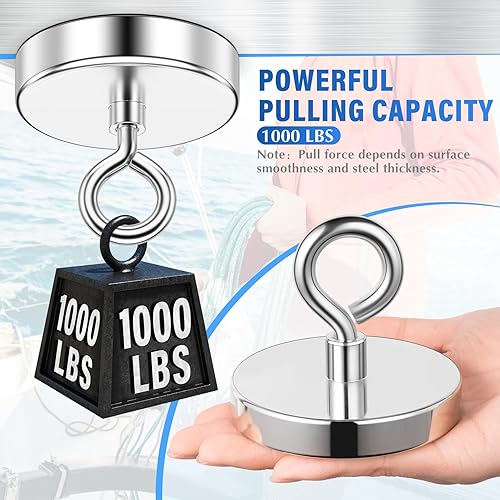 Miniatura 31 de Imán de pesca de neodimio, fuerza de tracción de 150 libras, imán fuerte de tierras raras con perno de ojo avellanado para colgar, hogar, cocina