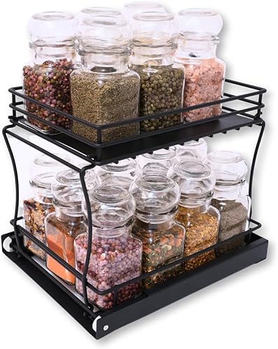 Organizador de especias extraíble para estante de gabinete, negro mate, bandeja de organización y almacenamiento de tarros de cocina de 2 niveles,