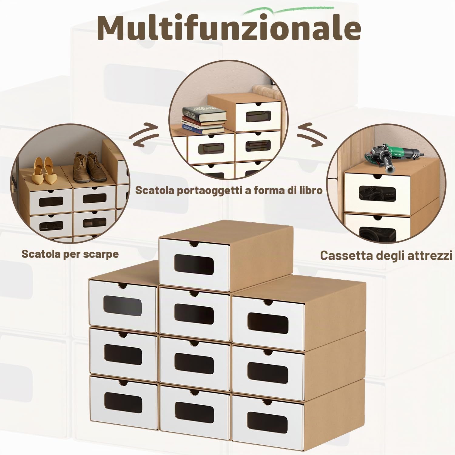 20 x portascarpe bianco/marrone con finestra – Scatola pieghevole 35 x 23 x 13,5 cm, impilabile, scatola per scarpe, cassetto, scatola multiuso in cartone kraft fino a 45