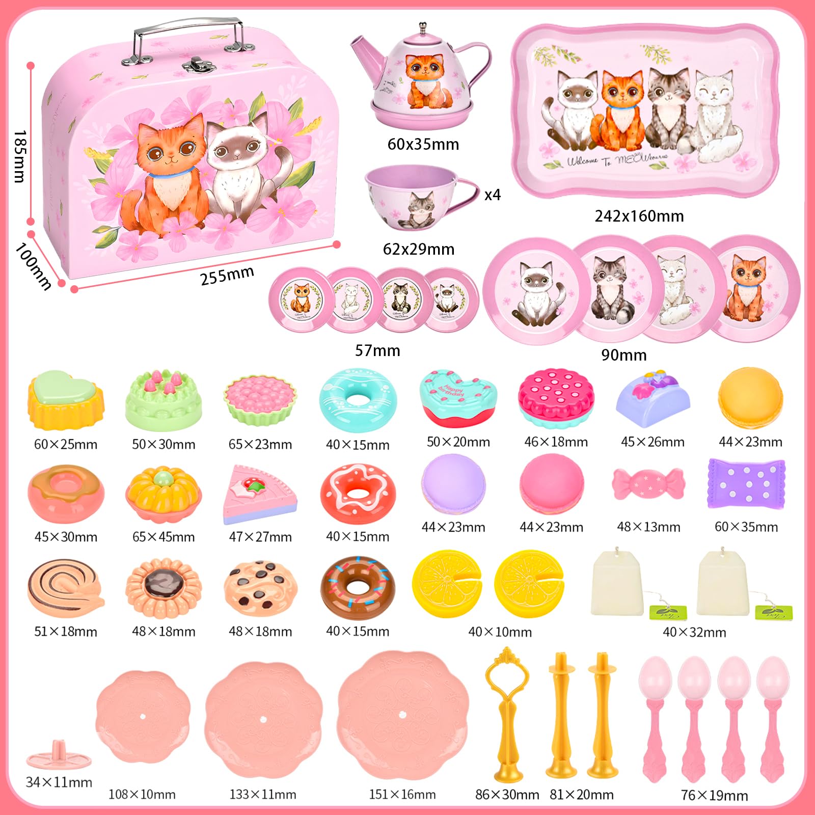 ZLPBAO Servizio da tè per bambini, 50 pezzi, set da tè per bambini, con valigetta per gattini, gioco di ruolo, giocattolo per piccoli servizi da tè con dessert, giochi di ruolo, regalo per ragazze 3