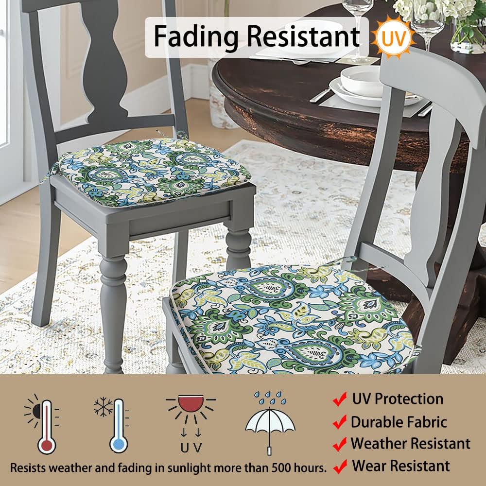 Magpie Fabrics Outdoor/Indoor 17"x16"x2" Chair Cushions with Ties Set of 4, Waterproof All Weather U-Shape Seat Pads Decoration for Patio Garden Furniture Home Office (Botanical Blue Green)