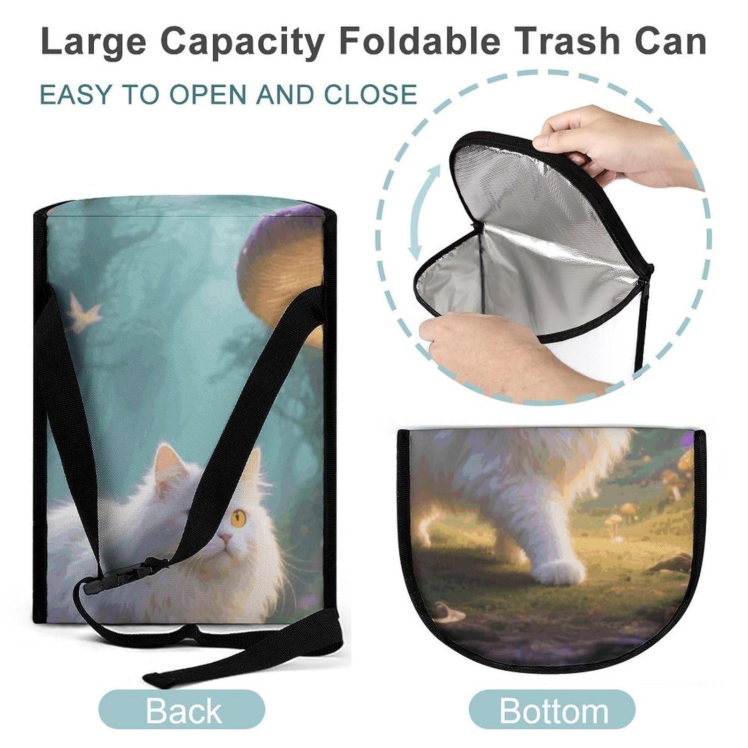 YHNNH Portable Vehicle Garbage Cans with Lid Cats and Mushrooms Hanging Trash Storage Bin Leak Proof for Cars SUV Truck