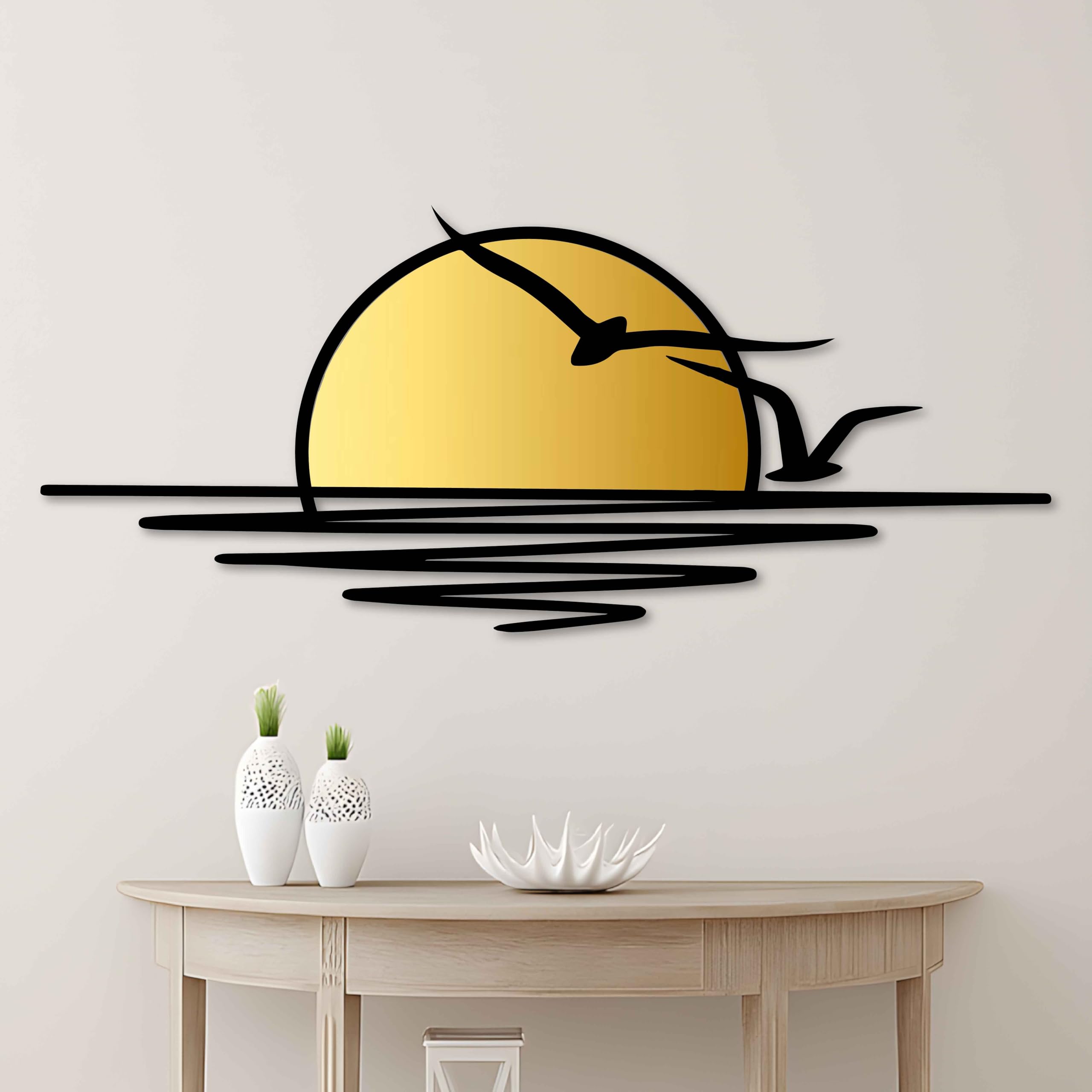 Decoración de pared de metal dorada con pájaros volando, decoración de pared extra grande con puesta de sol y gaviotas para patio, sala de estar o dormitorio, escultura de pared moderna de metal negro