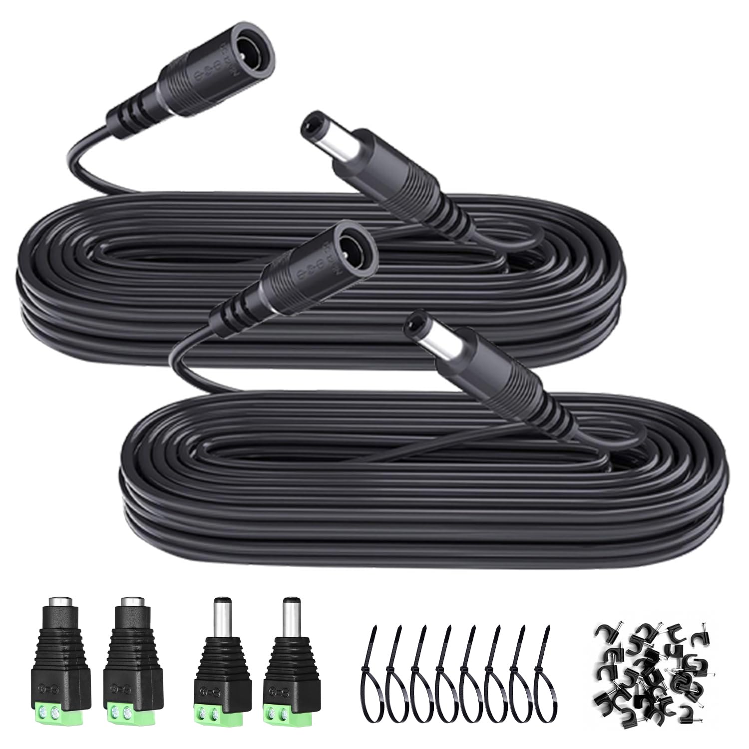 2PCS 10ft 3M DC Power Extension Cable, DC 12V 5.5mm x 2.1mm Extension Cord with Power Jack Adapter Connectors(2 x Male+2 x Female)/Wire Clips/Cable Ties for Security Camera/Router/LED Strip/Printer