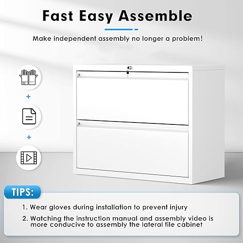 Miniatura 7 de Pataku Archivador lateral, archivador de 2 cajones con cerradura, archivadores blancos para oficina en casa, archivador de metal para colgar